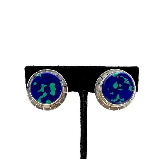 Vintage Azurite Malachite Clip-on Earrings Sterling Silver Southwest Mexico 925 - Picture 1 of 8